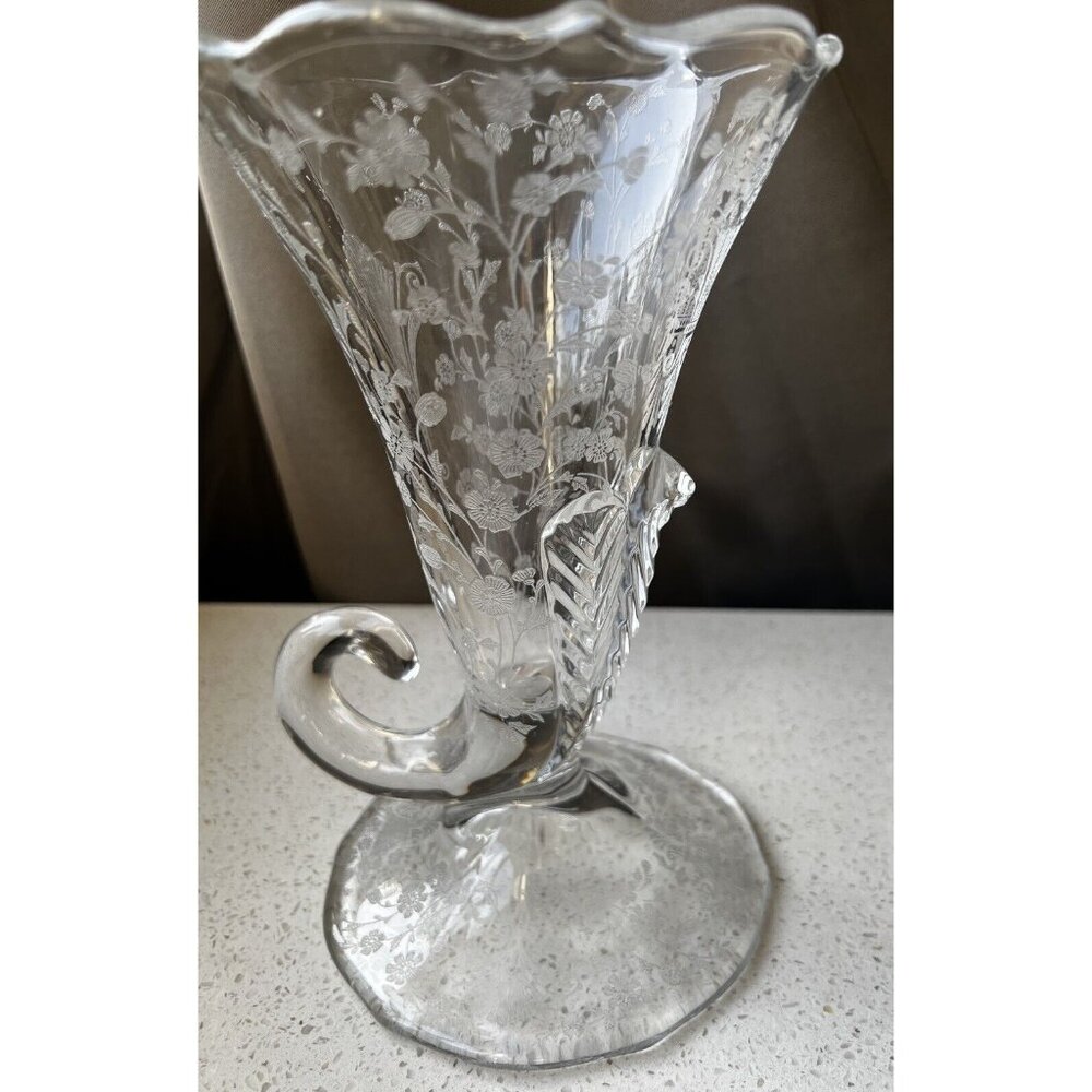 Duncan Miller First Love 8" Etched Cornucopia Vase Vintage Elegant Glass